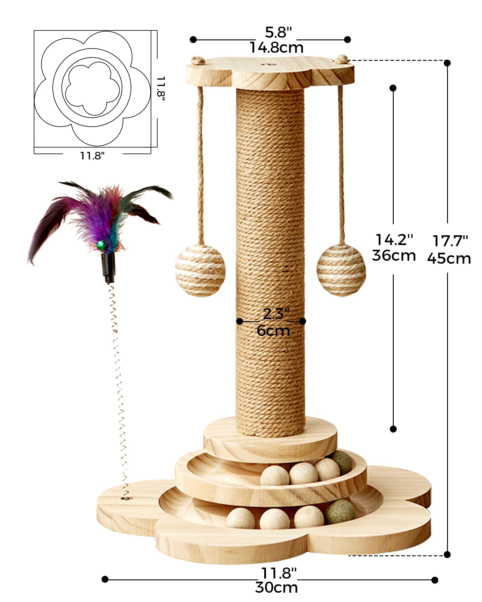 KHALOR Cat Scratching Post for Kittens, 4 in 1 Wooden Cat Scratcher Toy, 17.7" Tall Scratch Post with 2 Level Cat Track Balls, Interactive Feather Toy and 2 Sisal Hanging Balls for Indoor Kittens
