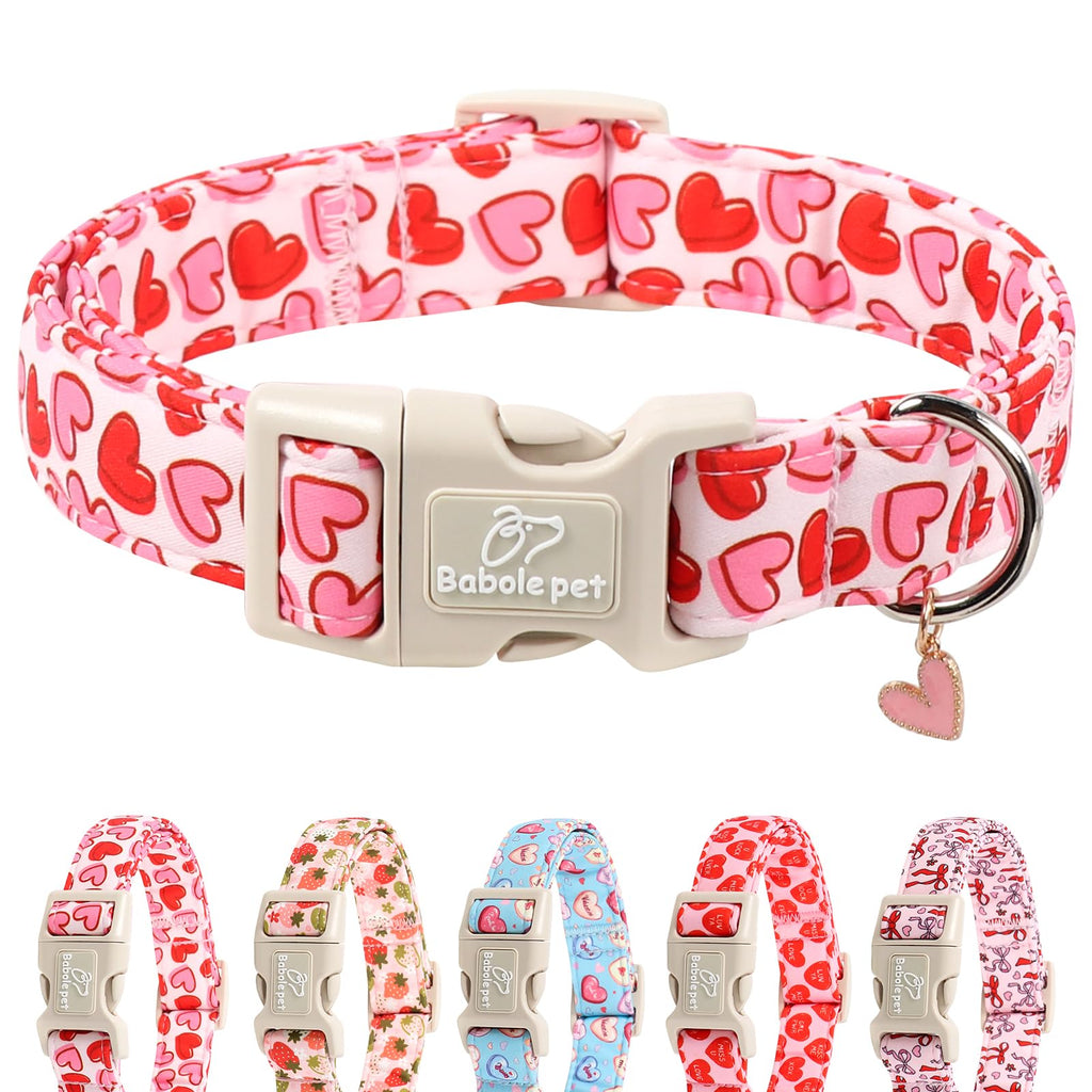 Babole Pet Valentines Dog Collar for Small Dogs - Pink Valentine Hearts Dog Collars, Girly Love Female Dogs Collars, Lightweight Adjustable Cute Puppy Collar with Quick-Release Buckle S