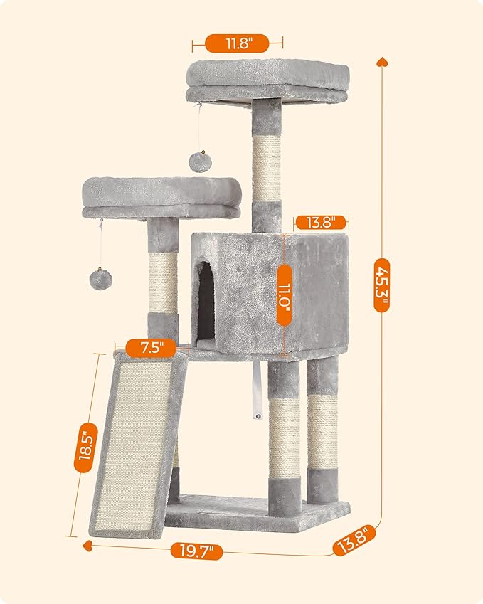 Feandrea Cat Tree, 45.3-Inch Cat Tower, Cat Scratching Post, Light Gray