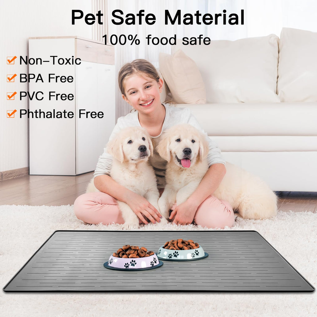 48" x 32" XXXL Largest Pet Food Mat, Silicone Dog Mats for Food and Water, Nonslip Pet Feeding Mats for Floors,Dog Cat Bowl Mat with Raised Edges, Black