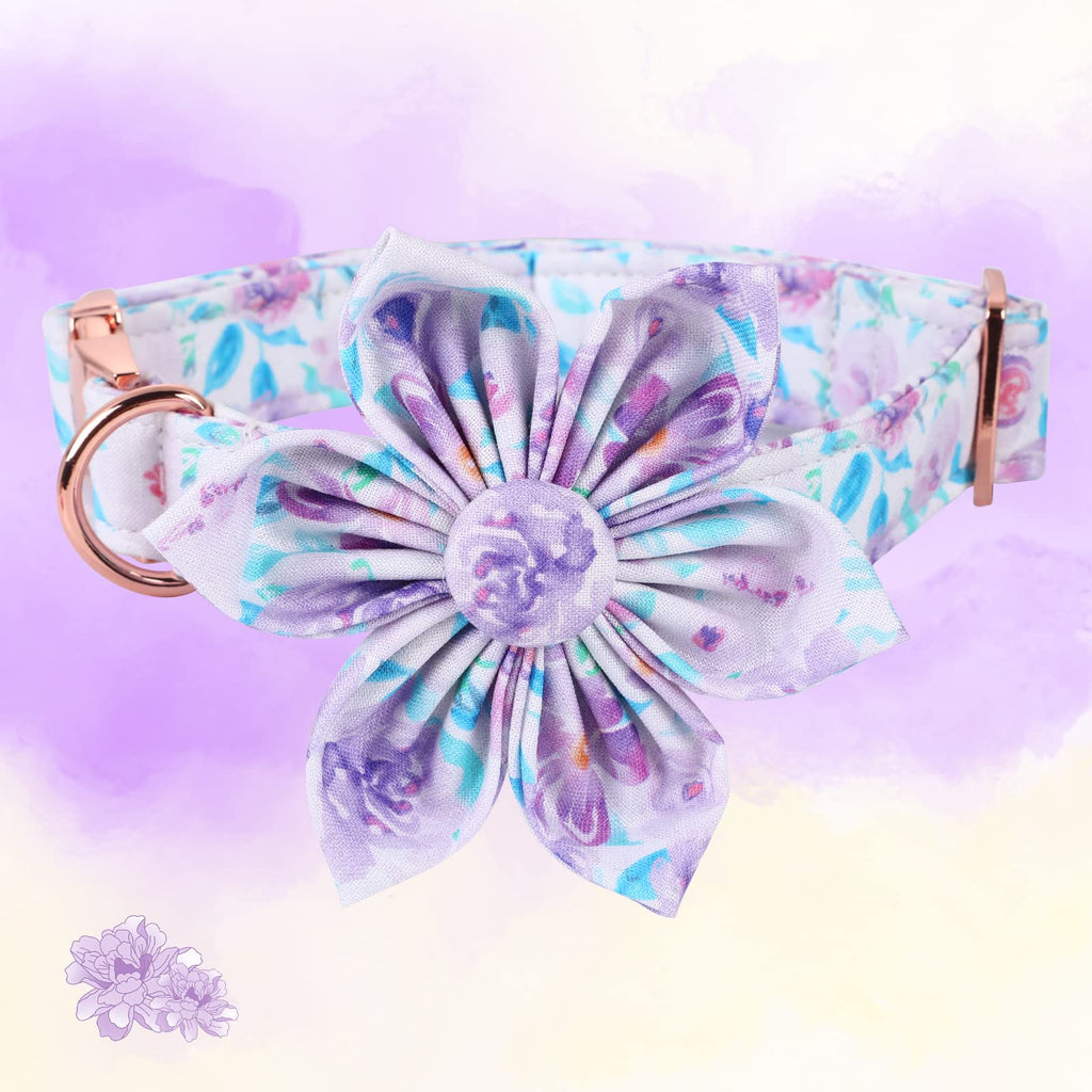 Lionheart Glory Purple Dog Collar With Flower - Cute Floral Pattern Adjustable Pet Collar for Small Dogs