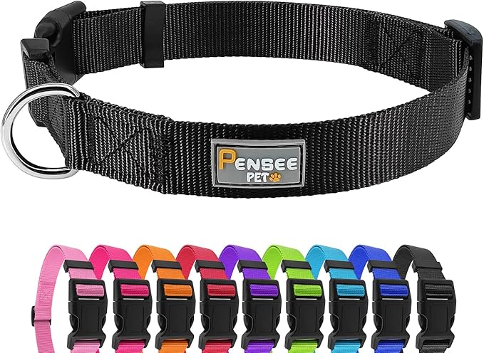 PENSEEPET Dog Collar Black Basic Adjustable Dog Collars with Breathable Quick Release Nylon Pet Collar for Puppy Small Medium Large Dogs Boy