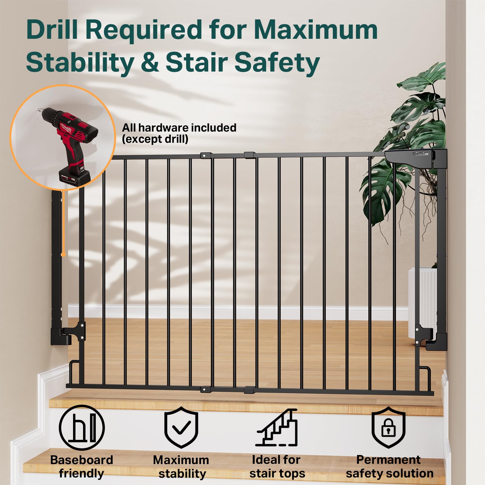 Cumbor Expandable 31.6-48" No Bottom Bar Baby Gate for Stair, Wide Dog Gate