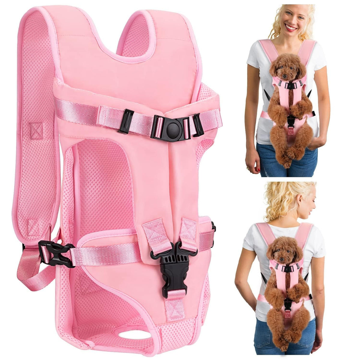Dog Carrier Backpacks, Adjustable Dog Backpack Carrier, Legs Out Easy-fit Dog Chest Carrier for Medium Small Dogs, Hands Free Dog Front Carrier for Hiking, Cycling（Pink S）