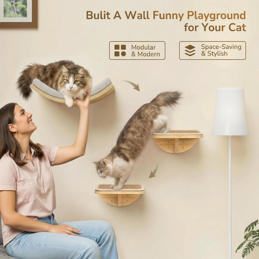 4-PCS Cat Wall Shelves with Foam-Padded Bed & Sisal Steps for Indoor Cats