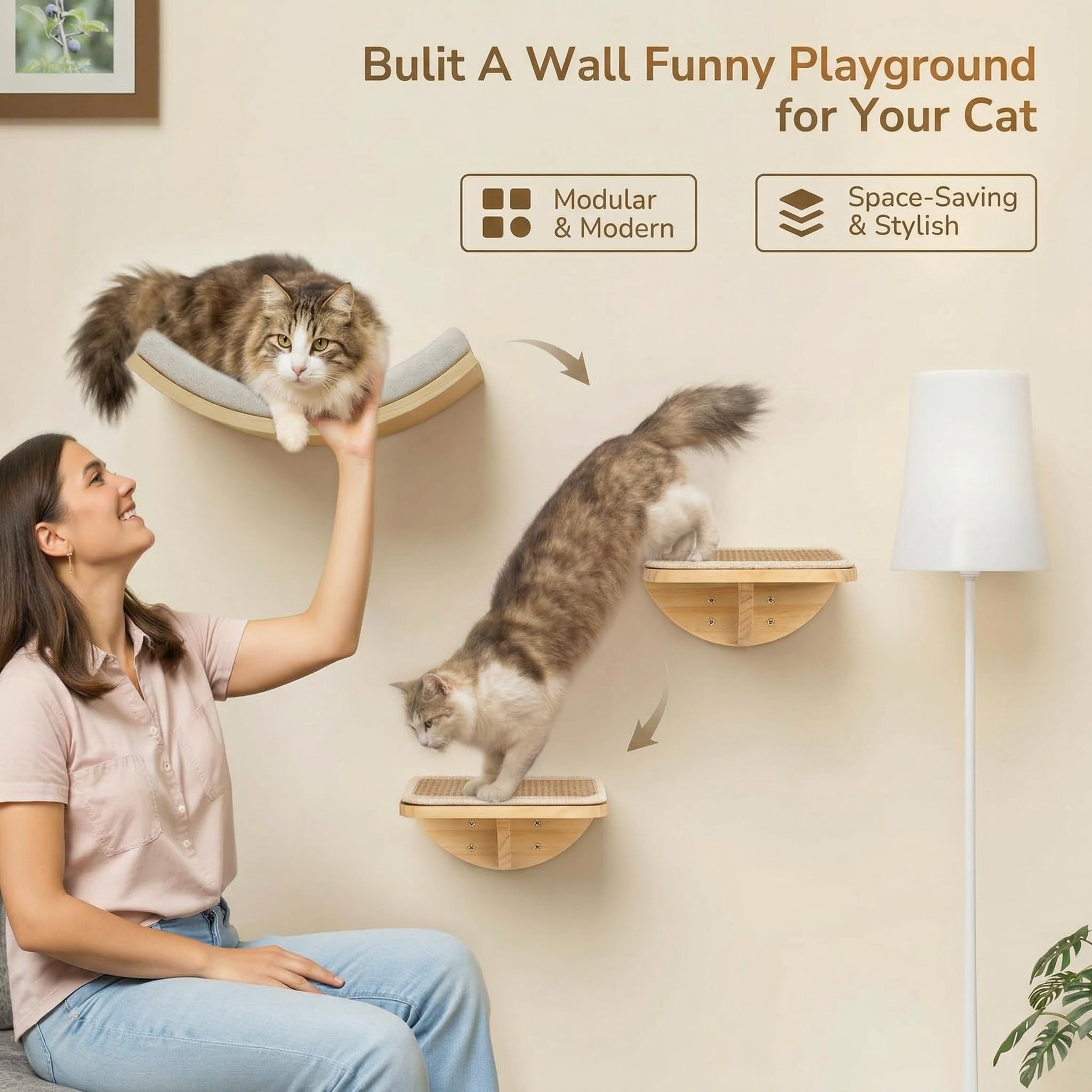 4-PCS Cat Wall Shelves with Foam-Padded Bed & Sisal Steps for Indoor Cats