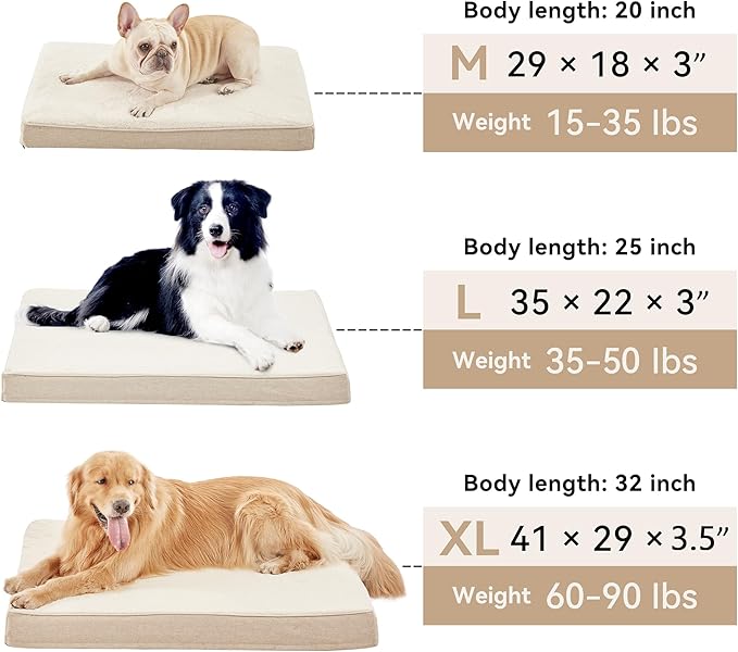 Memory Foam Medium Dog Bed, Cooling Dog Beds for Medium Dogs, Washable Orthopedic Pet Bed for Crate with Joint Relief Memory Foam, Waterproof Liner and Plush Cover (29"x 18", Beige)