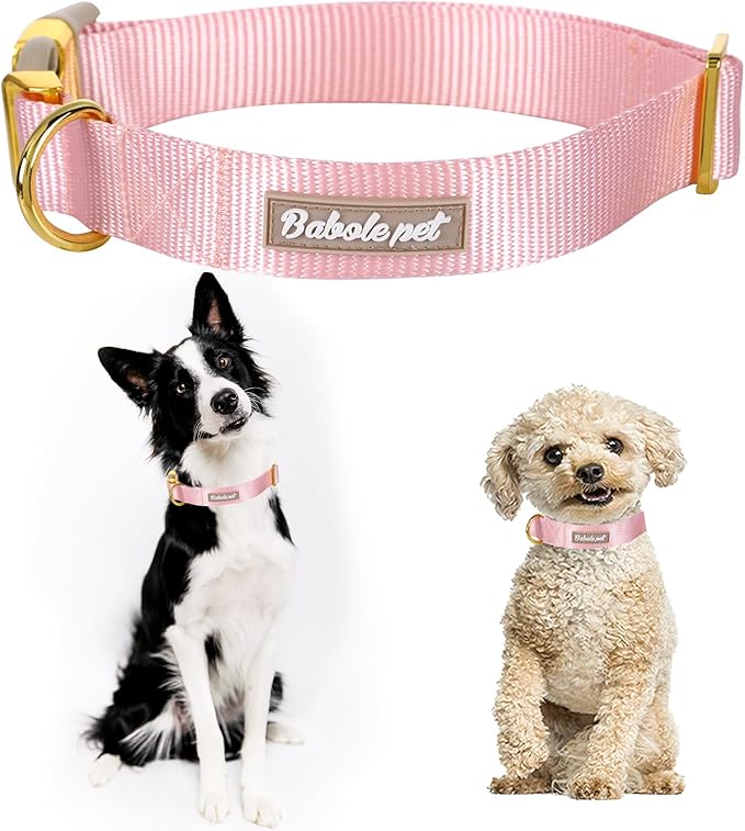 Babole Pet Nylon Dog Collar - Adjustable Pink Soft Webbing Dog Collars for Small Medium Large Dogs Boy Girl Puppy Collar with Safety Metal Buckle M