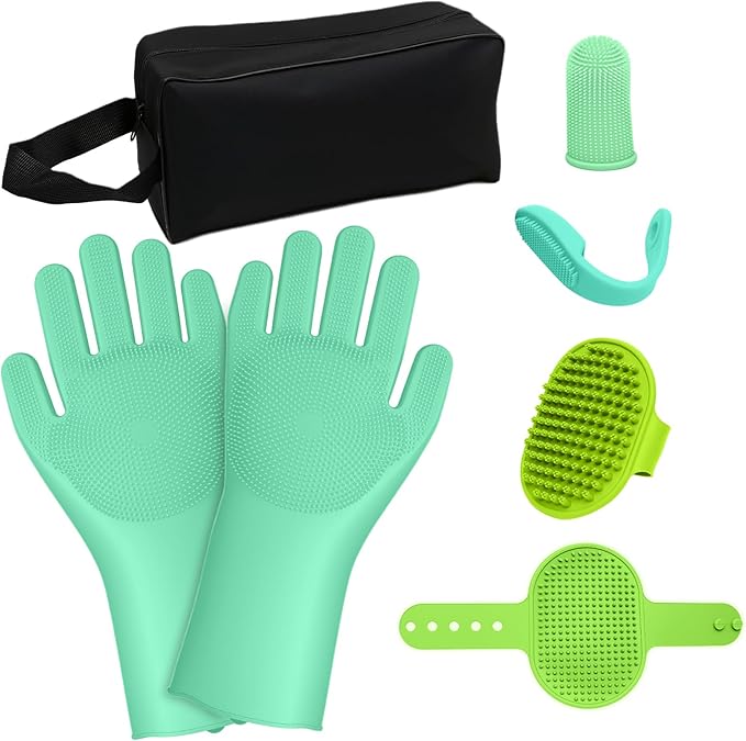 MIYIJHY 7PCS Dog Washing Gloves | Dog Bath Brush | Storage Bag | Dog Finger Toothbrush for Short & Long Haired Dogs & Cats | Efficient Deshedding Bathing & Massaging, Suitable for Pets (Sage Green)