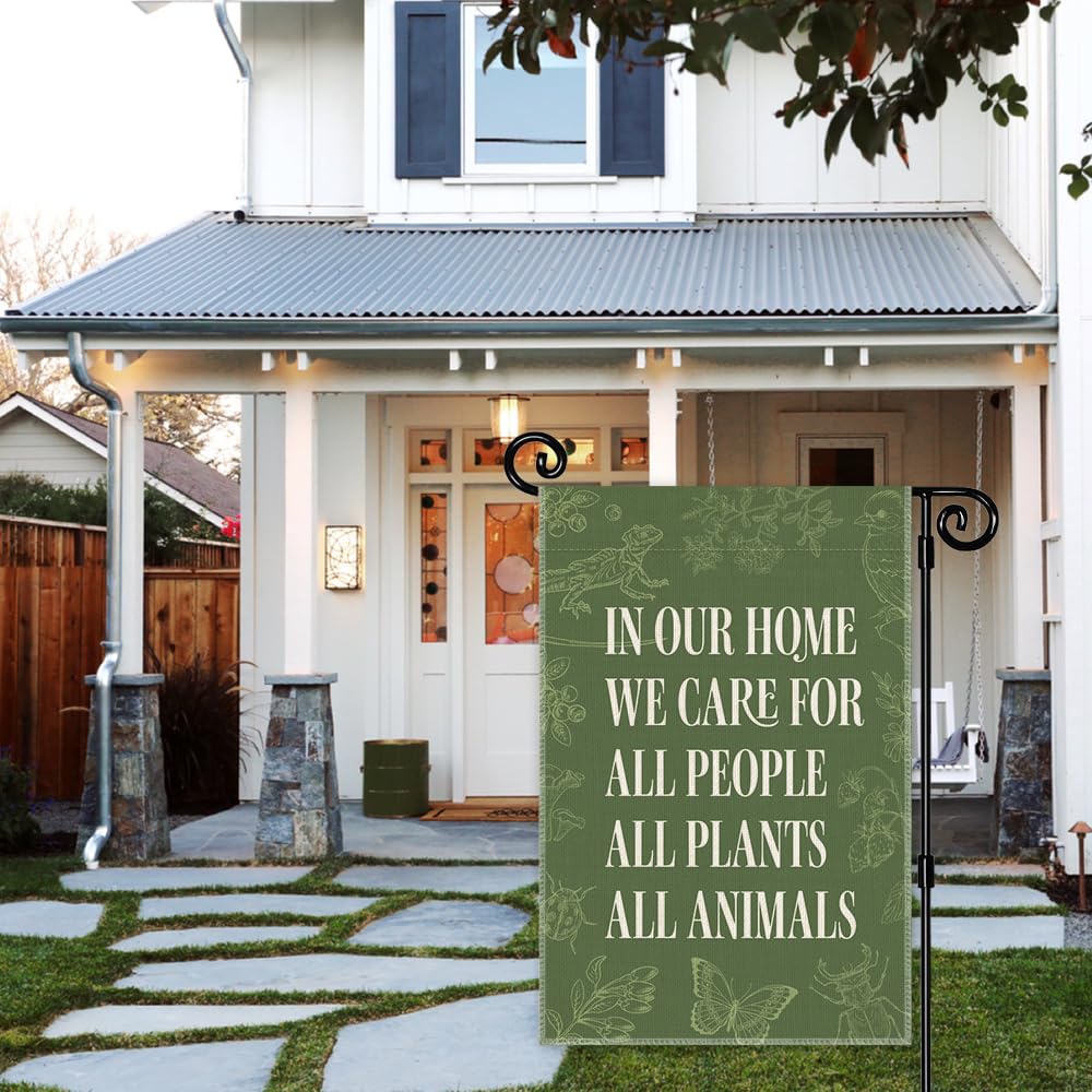 JMYROG In Our Home We Care for All People Plants Animals Garden Flag, Double Sided Yard Outdoor Farmhouse Lawn Porch Decor Banner, Ally Yard Flag, Inclusive Gifts For Family Friend Plant Animal Lover