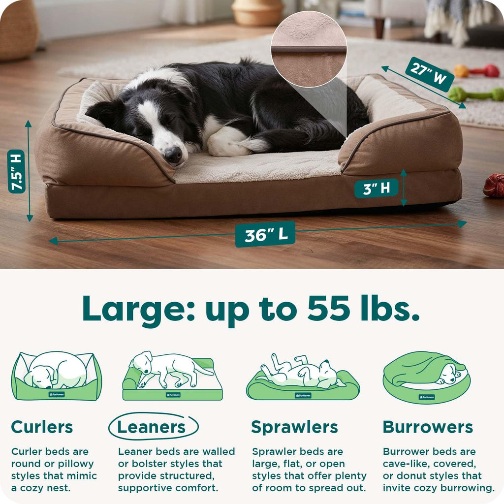 Furhaven Orthopedic Dog Bed for Large/Medium Dogs w/ Removable Bolsters & Washable Cover, For Dogs Up to 55 lbs - Plush & Velvet Waves Perfect Comfort Sofa - Brownstone, Large