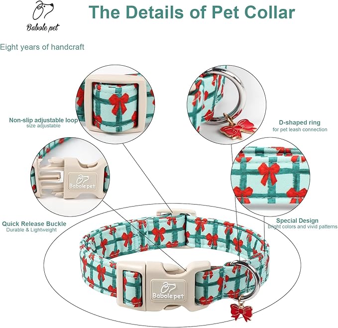Christmas Dog Collar for Large Dogs - Cute Festive Plaid with Red Bow Christmas Collars for Dogs, Soft Adjustable New Year Dog Collars with Quick Release Buckle L