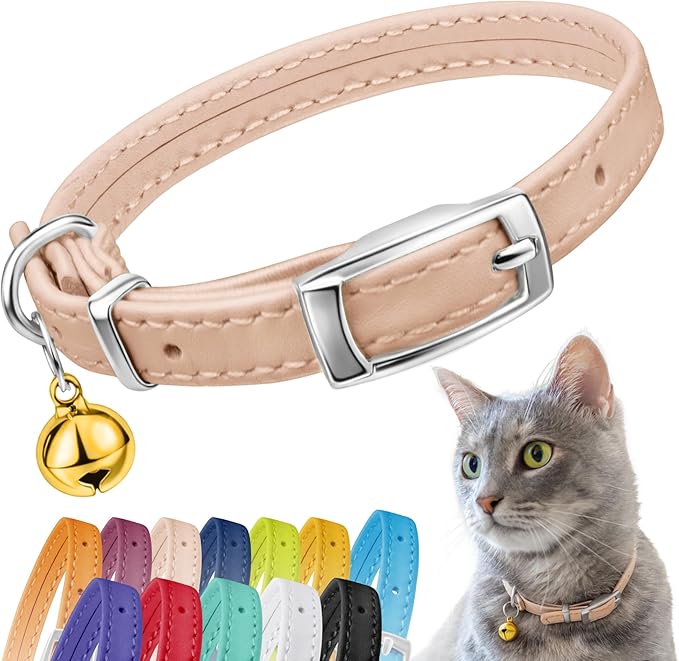 CollarDirect Leather Cat Collar, Kitten Collar with Removable Bell Black Blue Red Orange Lime Green (6-7 Inch, Beige)