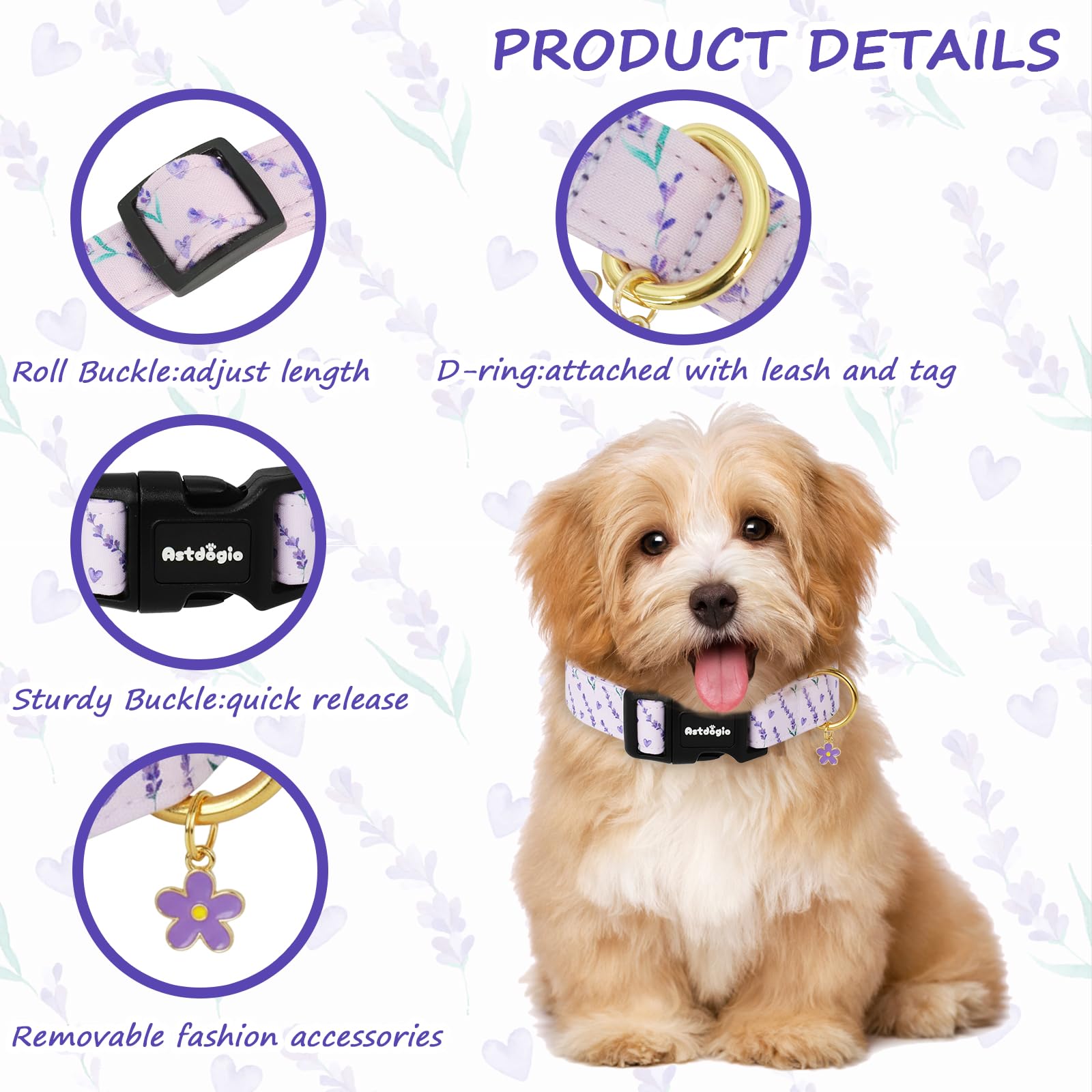Astdogio Dog Collar for Medium Dogs, Spring Purple Dog Collars with Flowers Pattern, Adjustable Cotton Dog Collars, Cute Girl or Boy Dog Collar Ideal for Gifts,Pet Accessory