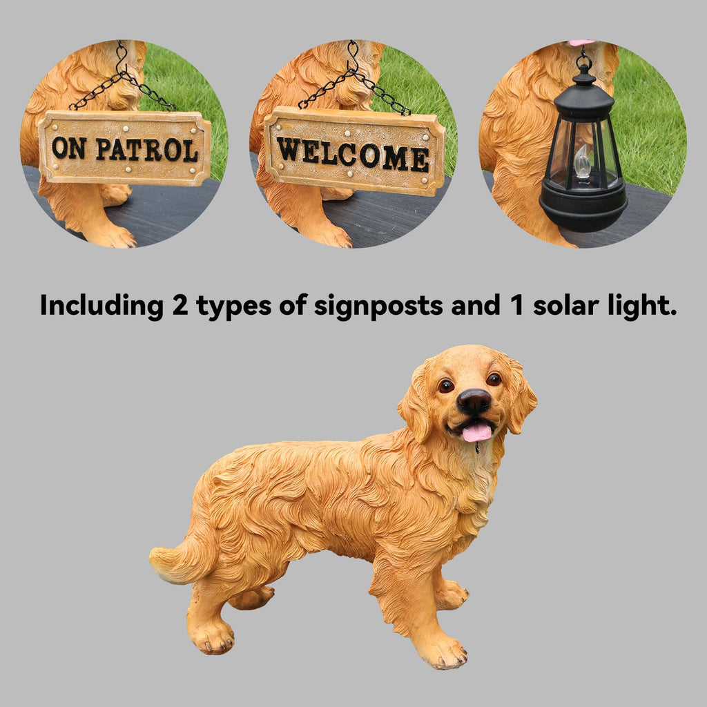 UNOIRNM Golden Retriever Statue Outdoor Decorations – Outdoor Dog Statue Standing Golden Retriever with Removable Solar Light & Welcome Sign for Patio Décor