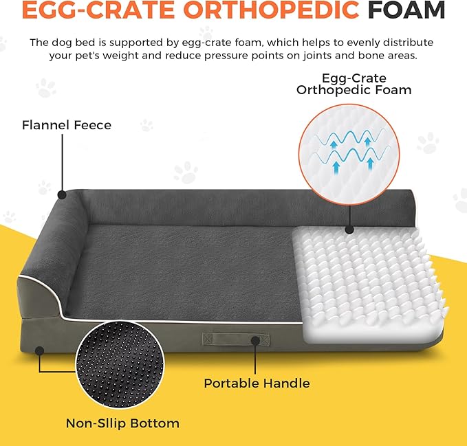 Dog Bed Large Sized Dogs, Orthopedic Dog Bed for Large Dogs, Waterproof Pet Bed with Washable Removable Cover, L-Shaped Pet Couch with Portable Handle 36"x27"x6.5", Olive Green