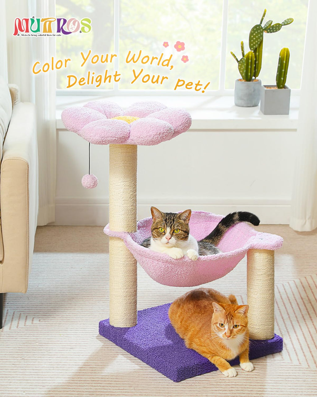MUTTROS Flower Cat Scratching Post, 28" Cute Cat Tree Tower for Indoor Cats with Large Hammock Soft Perch Bed, Replaceable Toy Ball for Kittens, Purple