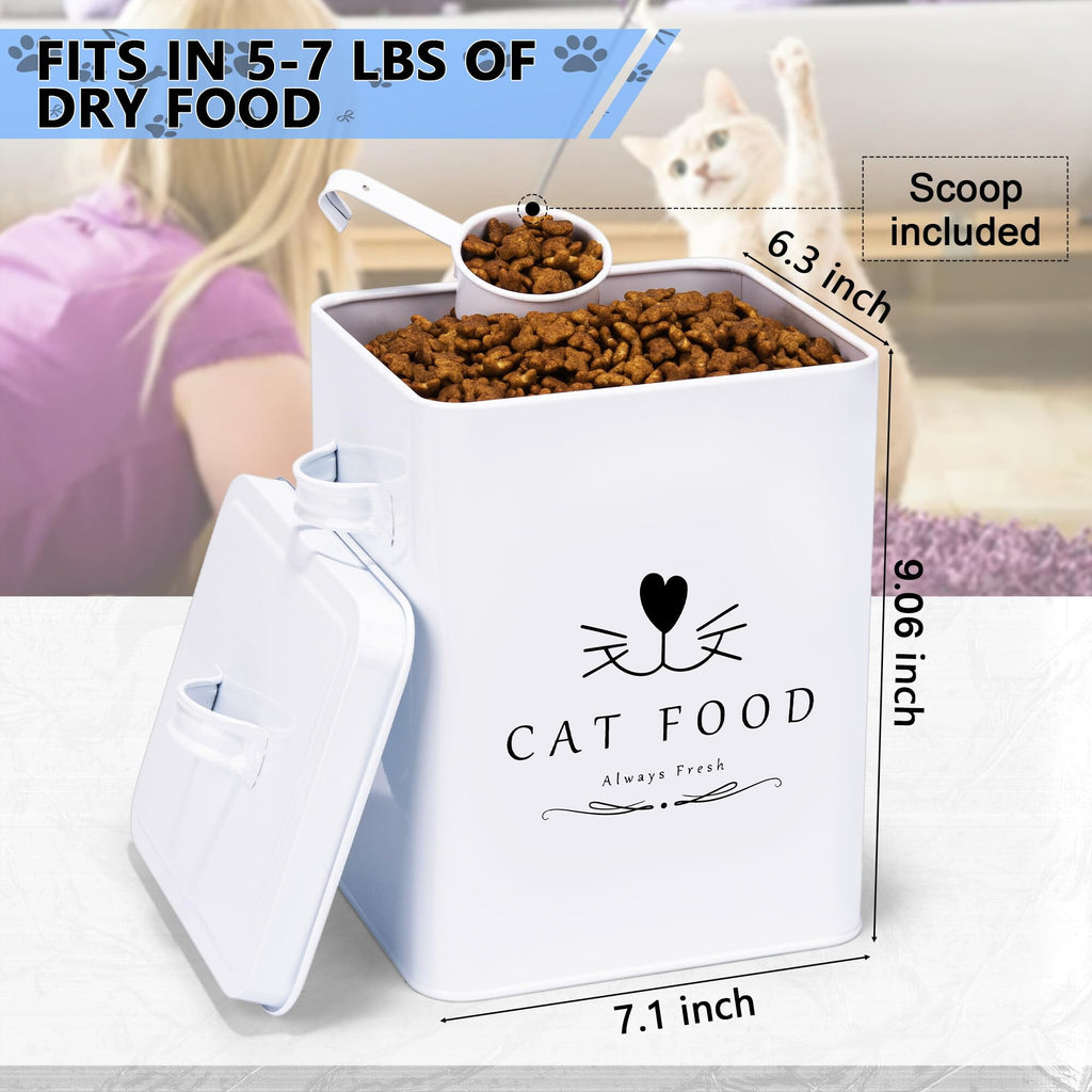 Meraki Home Farmhouse Cat Food and Treats Containers + Feed Scoop + Pet Food Bowl - Tight Lids - Large Metal Storage Bin - Great Gift for Cute Pets (Glossy White)