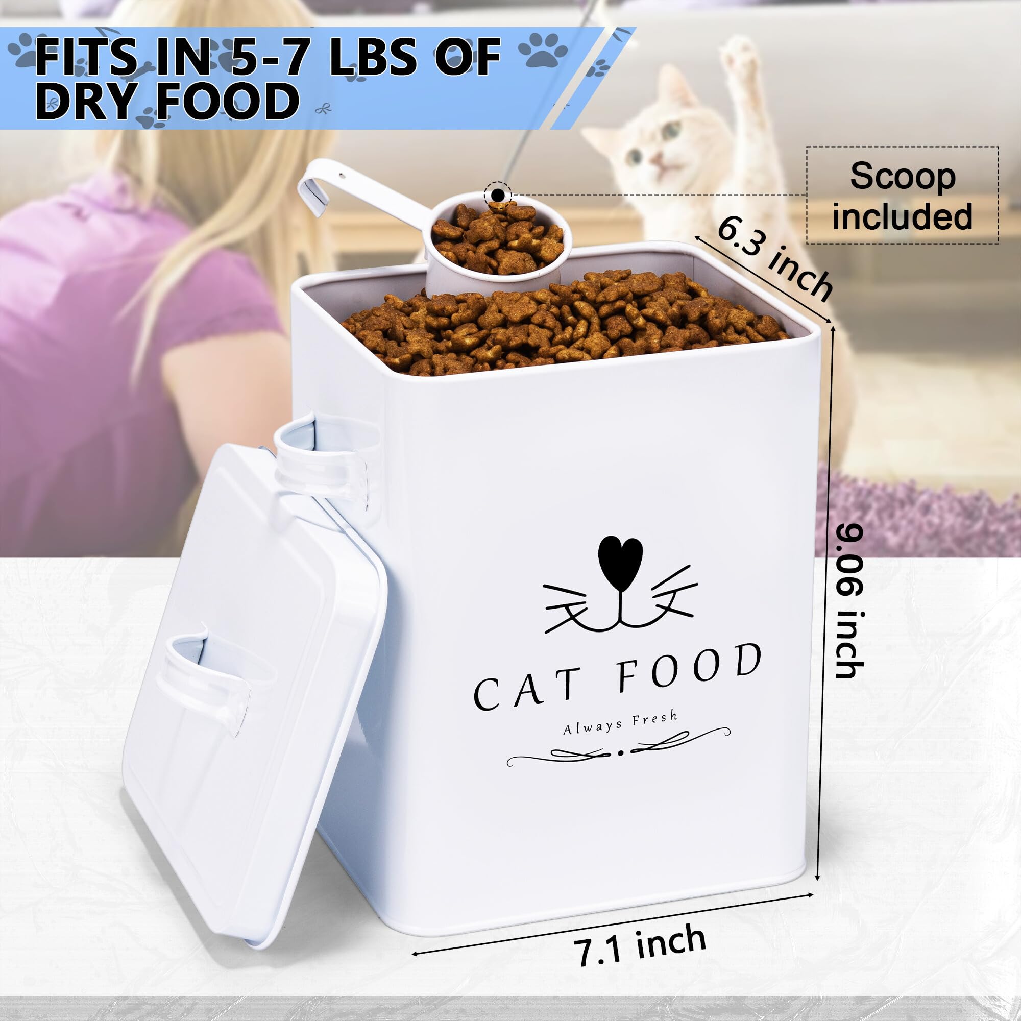 Meraki Home Farmhouse Cat Food and Treats Containers + Feed Scoop + Pet Food Bowl - Tight Lids - Large Metal Storage Bin - Great Gift for Cute Pets (Glossy White)