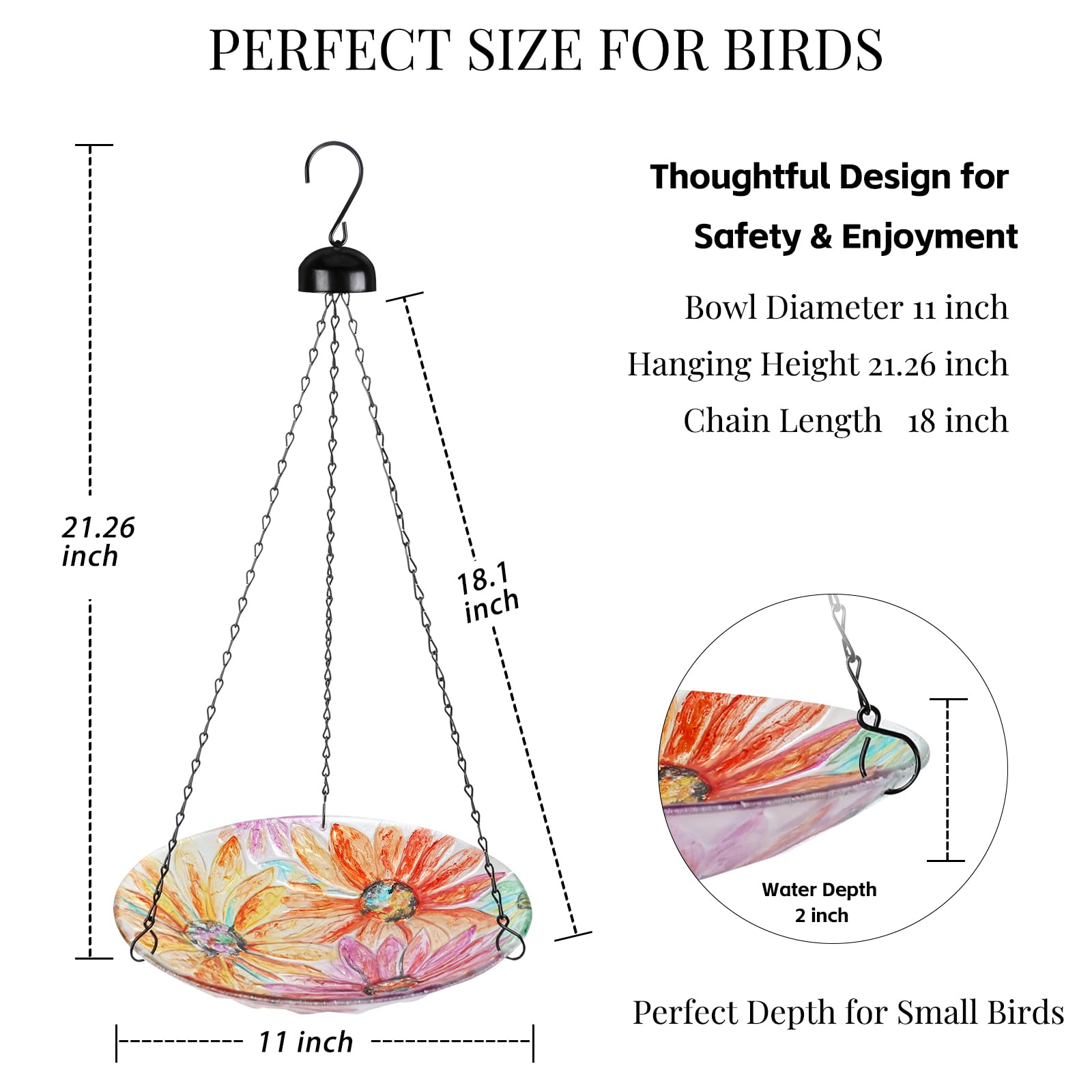 VCUTEKA Hanging Bird Bath Outdoor Glass Bird Baths Feeder for Garden Decor