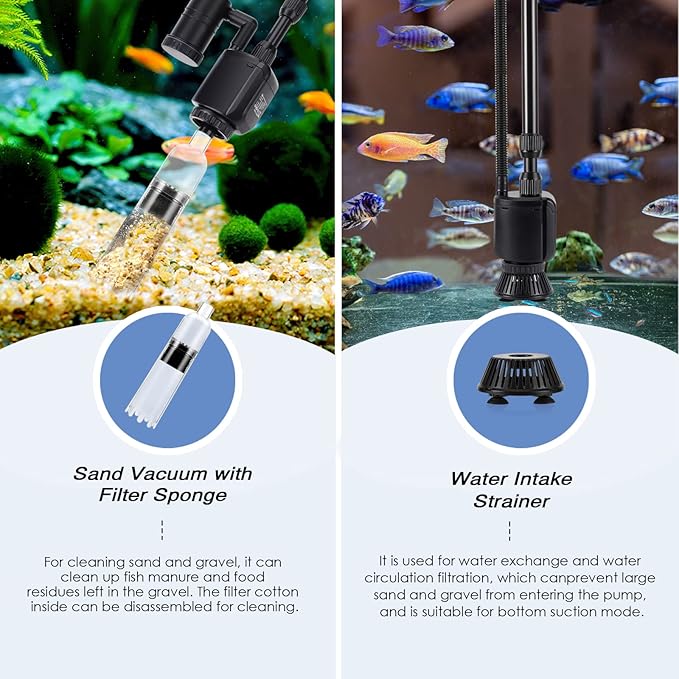 AQQA 6-in-1 Electric Aquarium Gravel Cleaner, 320GPH 20W Fish Tank Vacuum
