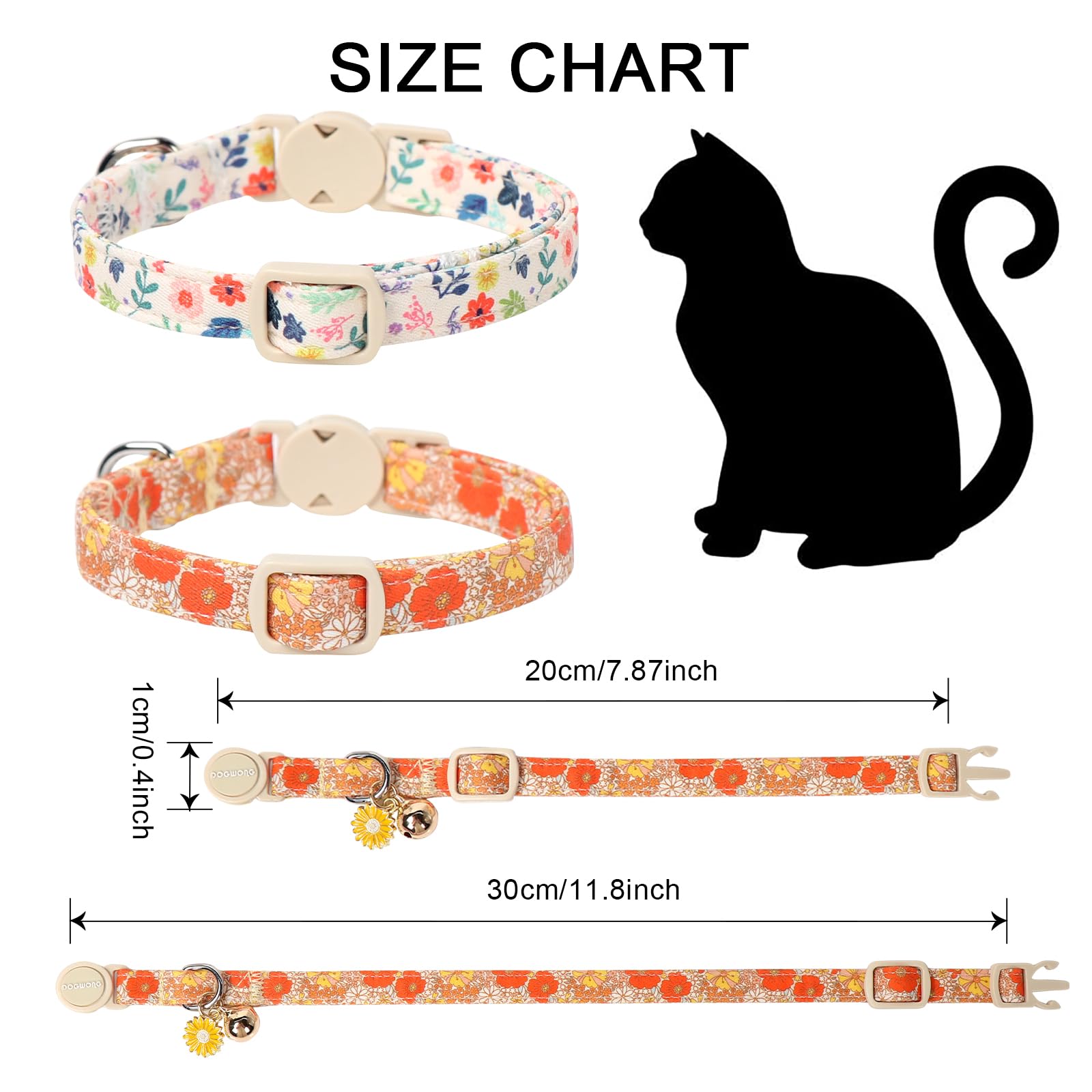 2 Pack Flower Cat Collars Breakaway with Bell, DOGWONG Safety Buckle Rose Floral Cute Cat Collar for Girl Boy Cats，Adjustable 7-12 Inch