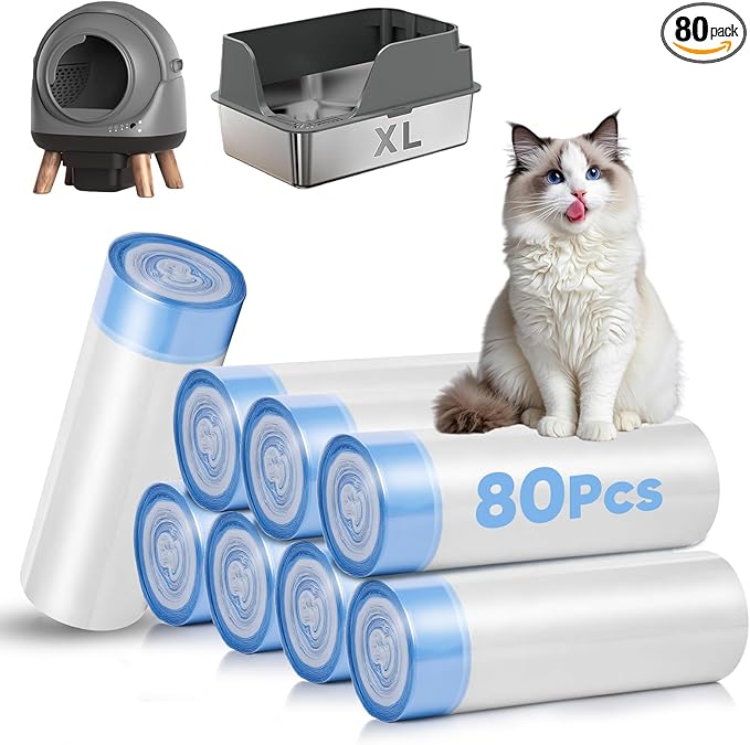 80 Count Jumbo Cat Litter Box Liners, Cat Litter Liners for Automatic Litter Box, 10-15 Gallon Heavy Duty Cat Litter Bags with Drawstrings, 37" x 18.11"
