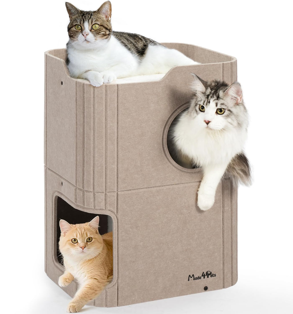 Made4Pets Cat House for Indoor Use, 2-Storey Cube Bed Cave, Covered Hideaway Condo with Scratch-Resistant Felt, Foldable Easy-to-Clean Design for Multi-Cat Homes, Beige