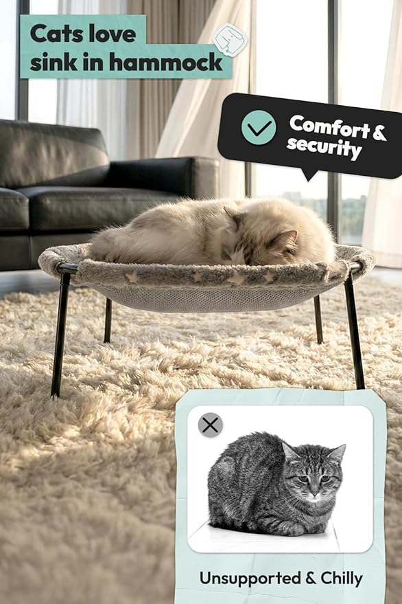 POMESEA Elevated Cat Bed, Glow-in-The-Dark Fabric Cat Hammock Bed for Large Indoor Cats, Machine Washable & Breathable Cover, Tool Free Easy Assembly, up to 66Lbs (Gray, L)