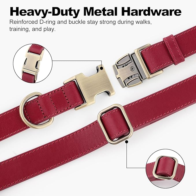 Plutus Pet Genuine Leather Dog Collar – Adjustable Pet Collar with Quick Release Metal Buckle, Soft Real Leather for Small Medium Large Dogs, Heavy Duty & Skin-Friendly (Burgundy, M)