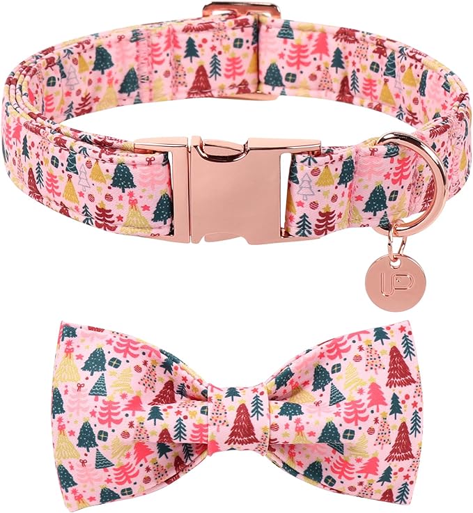 UP URARA PUP Christmas Dog Collar with Bow Tie, Pink Christmas Tree Collars for Dogs, Adjustable Pet Collar with Cute Xmas Tree Pendant, Winter Dog Accessories for Small Medium Large Dogs S