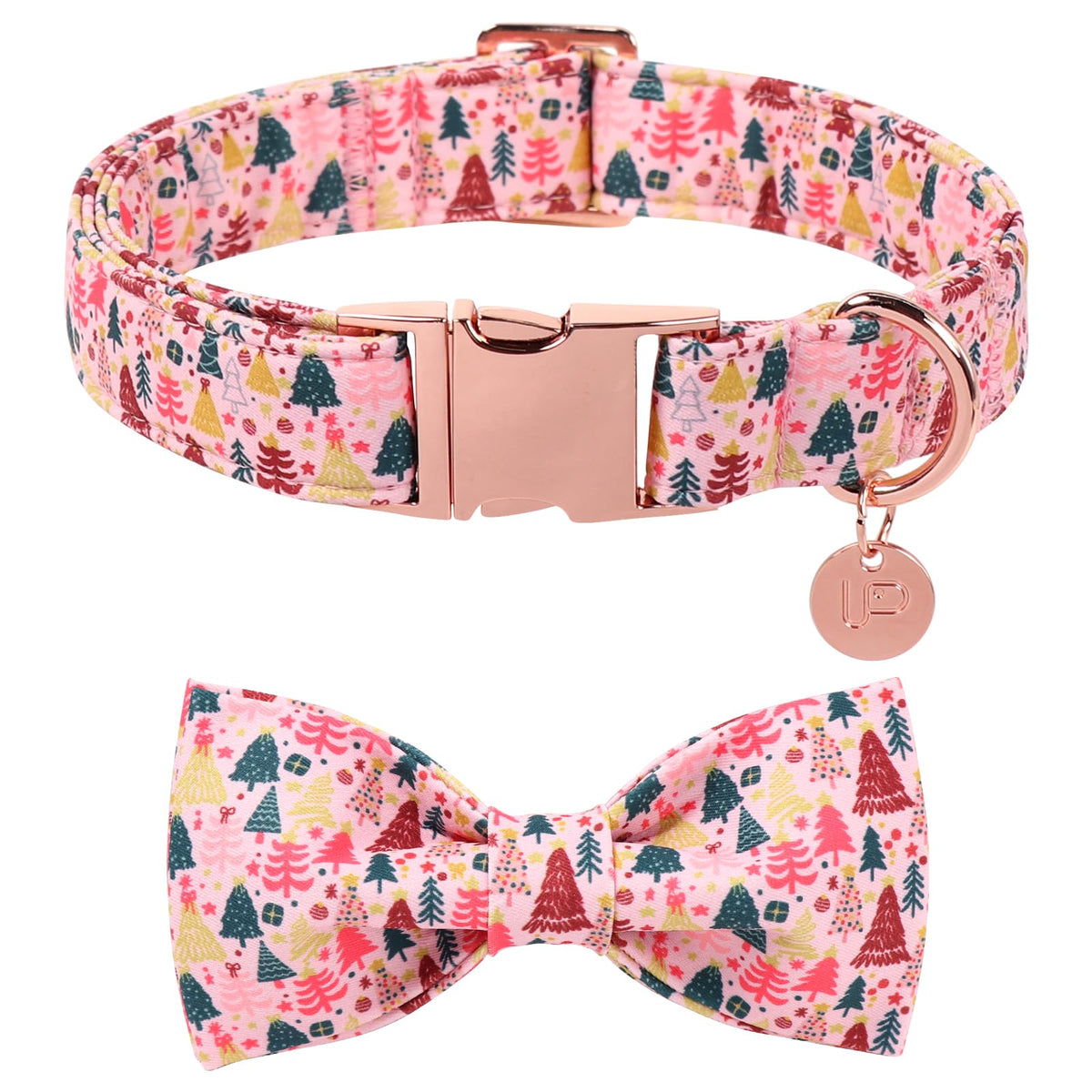 UP URARA PUP Christmas Dog Collar with Bow Tie, Pink Christmas Tree Collars for Dogs, Adjustable Pet Collar with Cute Xmas Tree Pendant, Winter Dog Accessories for Small Medium Large Dogs L