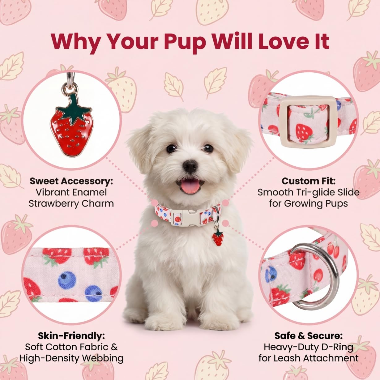 Britwicfr Girl Dog Collar, Cute Dog Collar for Medium Dogs with Cute Strawberry, Cherry and Blueberry Print, Pink Collar for Dogs with Quick-Release Buckle and Robust D Ring, M