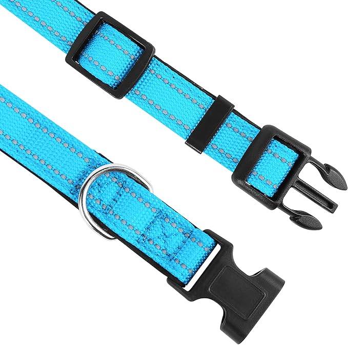 PWOD Reflective Dog Collar, Adjustable Soft Neoprene Padded Nylon Pet Collars with Buckle for Medium Dogs, Sky Blue,M