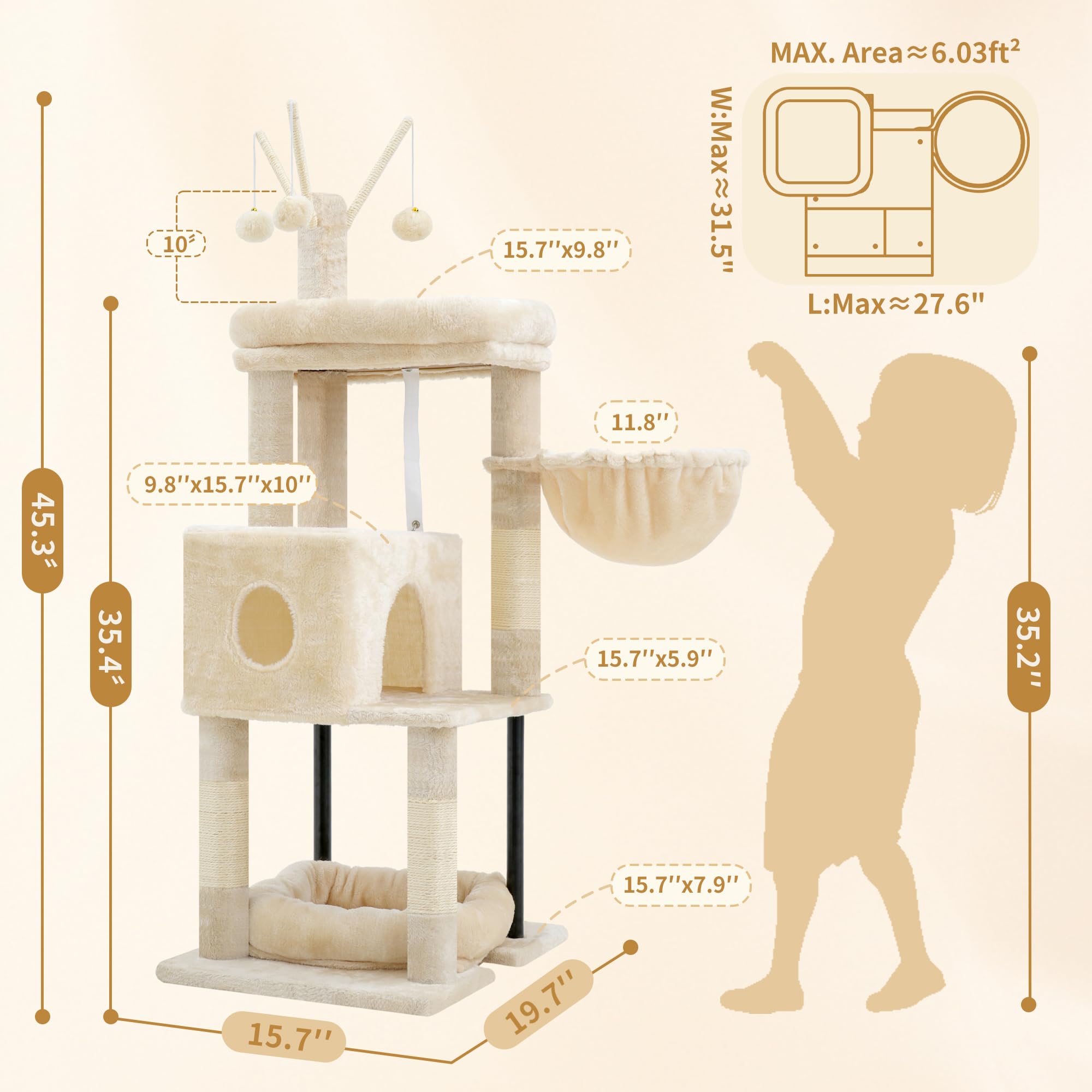 Heybly Cat Tree, 45.3" Cat Tower for Indoor Cats with Large Perch HCT202SM