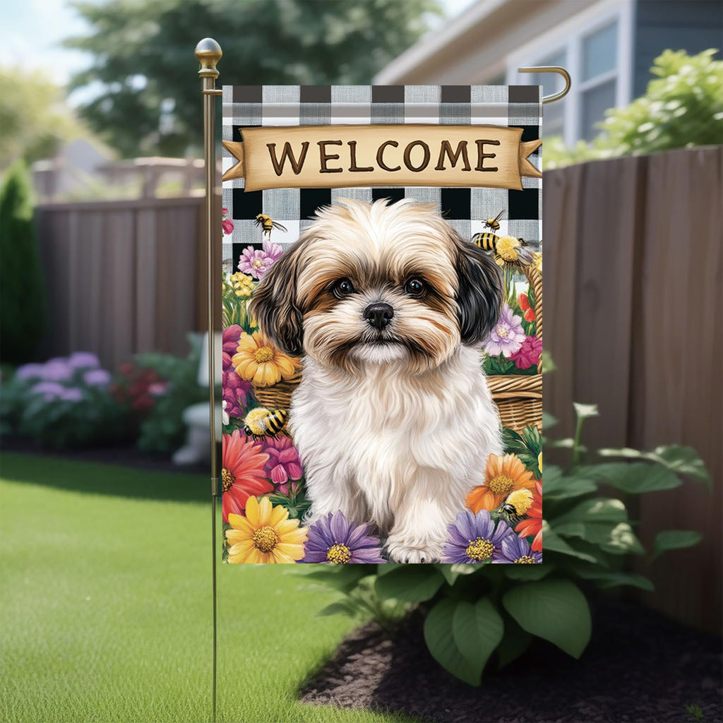 Starlit Patio Spring Summer Garden Flag Shih Tzu Dog Flag 12x18 Inch Double-Sided Cute Puppy Yard Banner Buffalo Plaid Floral Outdoor Decor for Porch Lawn Pathway Dog Lover Housewarming