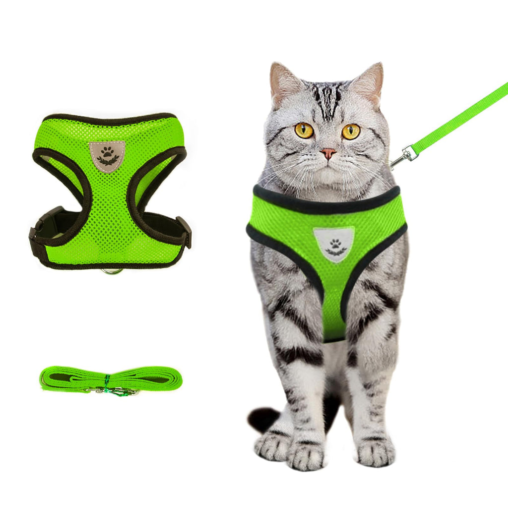 shudyear Summer cat Chest Harness and Leash, Anti-Escape Adjustable Soft mesh cat Leash and Chest Harness Set for All Types of Cats cat Vests (Size M,Green)