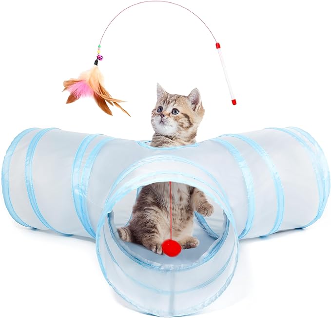 Tempcore Cat Tunnel for Indoor Cats, 3 Way Collapsible Pet Play Tunnel with Teaser Wand, Peek Holes & Hanging Ball, Interactive Tube for Kittens & Rabbits