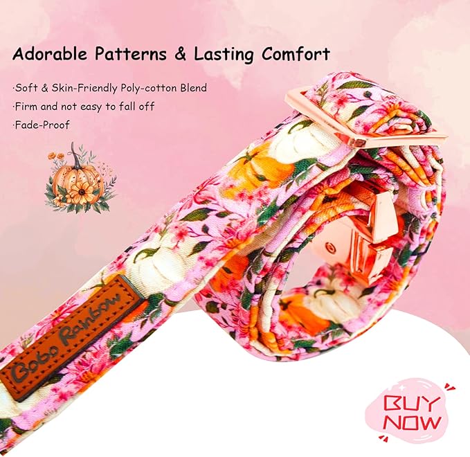 Bobo Rainbow Fall Dog Collar, Pink Flower Pumpkin Print Adjustable Pet Collar Cute Cotton Soft Collars with Bow Tie Metal Buckle Holiday Puppy Collars Boy&Girl Gift for X-Large Dogs