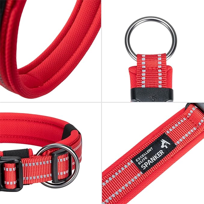 EXCELLENT ELITE SPANKER Reflective Dog Collar Classic Soft Padded Breathable Nylon Adjustable Pet Collar with Quick Release Buckle for Boy Girl Male Female Small Medium Large Dogs Training(Red-M)