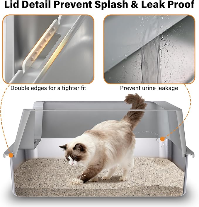 2 Pack Stainless Steel Litter Box,XL Metal Cat Litter Box with Lid High Sides,Extra Large Litter Box for Big Cats,Odor-Resistant, Scratch-Proof, Easy to Clean,Scoop &Mat Included