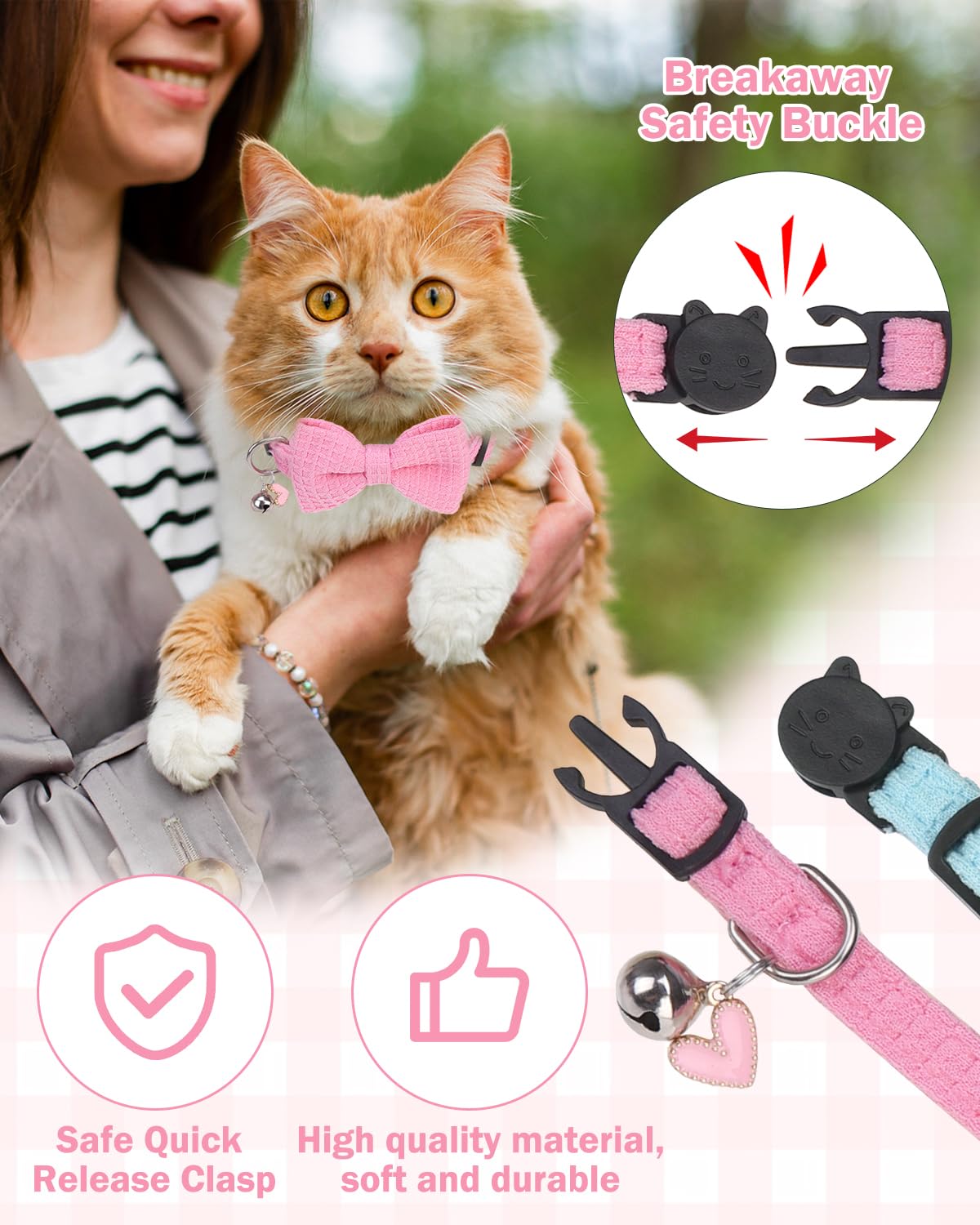 DILLYBUD Cat Collar Breakaway with Bells, Soft Cotton Pink Cat Bowtie Collar for Girl Cats, Small Cats Collar with Bow for Spring Summer, 2 Pack Cute Kitten Collars with Removable Bowtie 8-12Inch