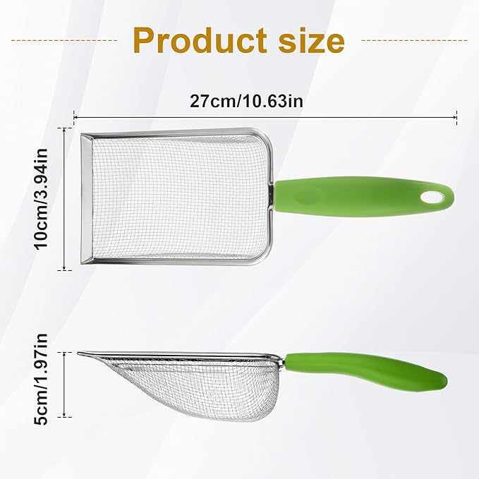 Qulkws Stainless Steel Mesh Litter Shovel, Fine Mesh Metal Reptile Litter Cleaner Scooper, Green Non-Slip Handle Sifter for Lizard Substrate Reptile Terrarium Sand Waste