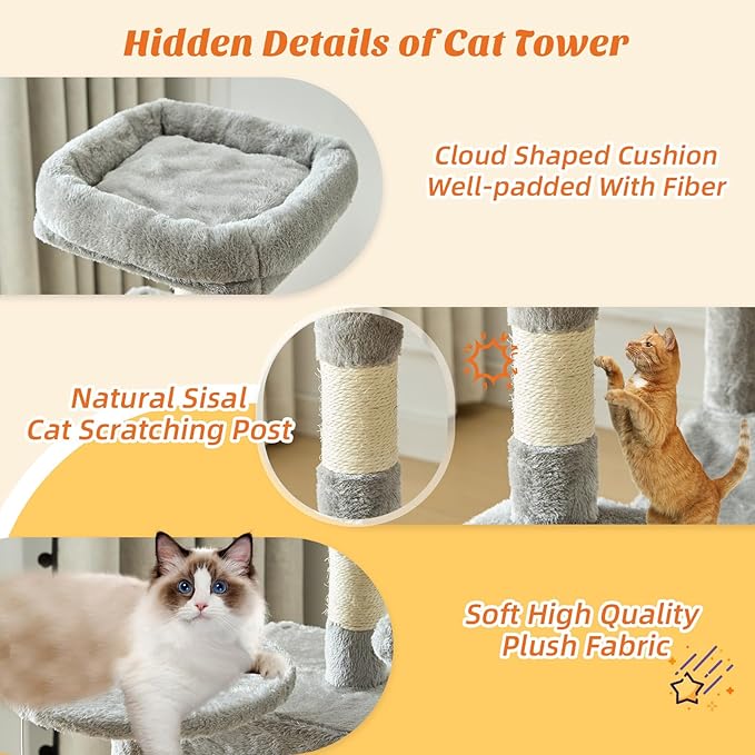 DUMOS 44 Inch Cat Tree Tower with Natural Sisal Scratching Posts
