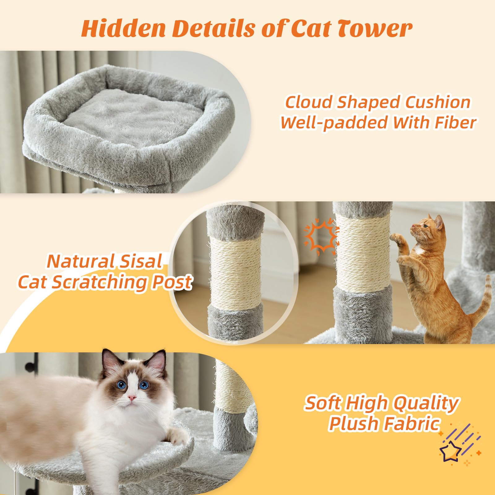 DUMOS 44 Inch Cat Tree Tower with Natural Sisal Scratching Posts