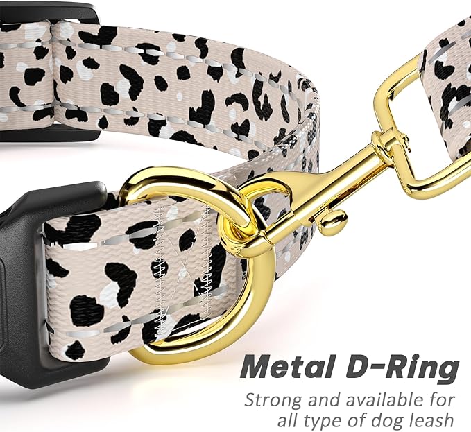 TMOODEL Reflective Dog Collar for Extra Small Dogs, Cute Leopard Style Adjustable Heavy-Duty Nylon Puppy Collar for Boy and Girl Female, Soft Pet Accessories with Quick Release Buckle, Beige