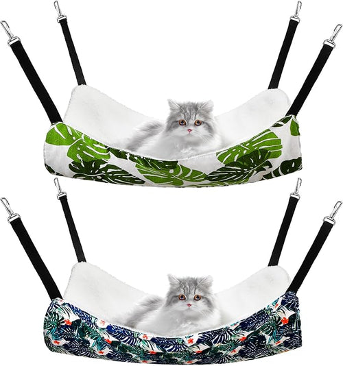 2 Pack Cat Hammock for Cage, Catio Accessories Reversible Soft Cats Bed with Adjustable Straps and Hooks Double-sided Linen and Fleece Hanging Hammock for Cats, Kitten(Zebra and Cat Paw Print,M)