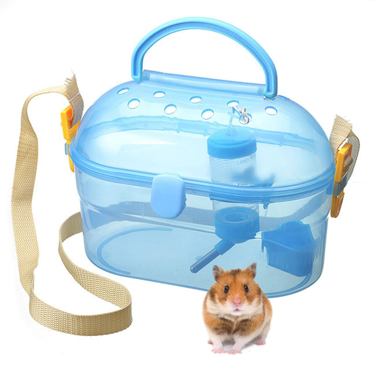 Portable Hamster Cage Syrian Hamster Carry Travel Cage with Water Bottle Food Bowl Adjustable Strap Pet Outgoing Cages for Gerbil Squirrel Guinea Pig Hedgehog Chinchilla