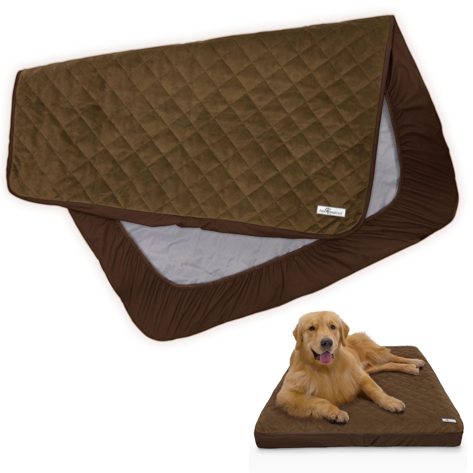 Paw Inspired Waterproof Fitted Dog Bed Cover, Dark Brown, 44x35x6 Inch