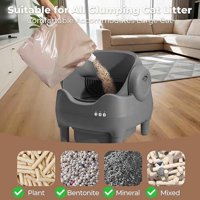 Automatic Cat Litter Box: Self Cleaning Litter Box for Multiple Cats, 10L Waste Drawer with Ultra Quiet Operation, Open Top Design for Multi-Cat Households, Grey